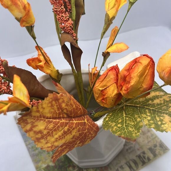 Farmhouse Cream Creamer Ceramic Pitcher with Fall Autumn Faux Flowers - Picture 3 of 13